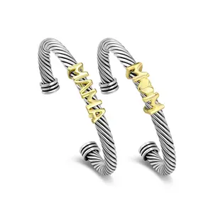 Aprilery MOM Letter Accent Bracelet for Women Trendy Stack Bangle Mother's Day Gifts for Mom Twisted Cable Cuff Jewelry