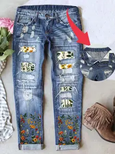 Women's Valentine's Day Patch Ripped Distressed Mid-Waist Boyfriend Fit Washed Ditsy Floral Print Loose Denim Jeans Button Elastic Waistband Breathable Comfort Fabric All Seasons Wear Bottom