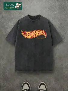 Men's Casual Short Sleeve Graphic T-Shirt, Vintage Background with Flame Print, 100% Cotton, Breathable, Regular Fit, Spring & Fall