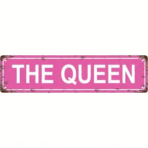 1PC 2D Flat THE QUEEN Vintage Metal Tin Sign - 40.64x 10.16cm Pink Distressed Style Wall Decoration, Suitable for Home, Bar, Coffee Shop, Garage, Farmhouse, Courtyard, and Terrace, Eye-catching Text Design, Weather-resistant Appearance
