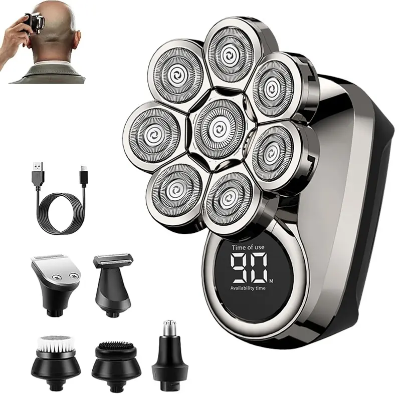 Bald Head Shaver 8D for Men – Waterproof Electric Razor, 6-in-1 Wet/Dry, Washable, USB Rechargeable, Long Battery, Quick Charge, Close Shave, Digital Display, Portable Travel Grooming Tool