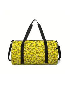 Large-capacity travel luggage bag with little yellow duck pattern printing, portable hand-held storage bag