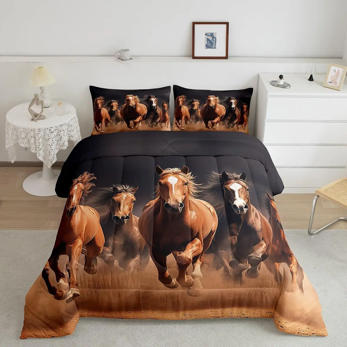 Soft King Size Galloping Horse Print Breathable Decorative Bedding Set - Brown Designer Duvet Quilt, Comforter, Animal Decor Bedspread Set for Room Furnishings