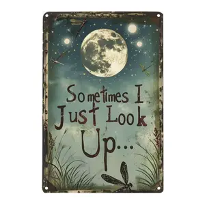 2D Flat Vintage Dragonfly and Moon Metal Tin Sign - "Sometimes I Just Look Up" Quote - Rustic Style Decor - Deep Blue Night Sky with Stars - 8x12 Inches Durable Indoor/Outdoor Wall Art, Suitable for Home, Office, Cafe, Bar