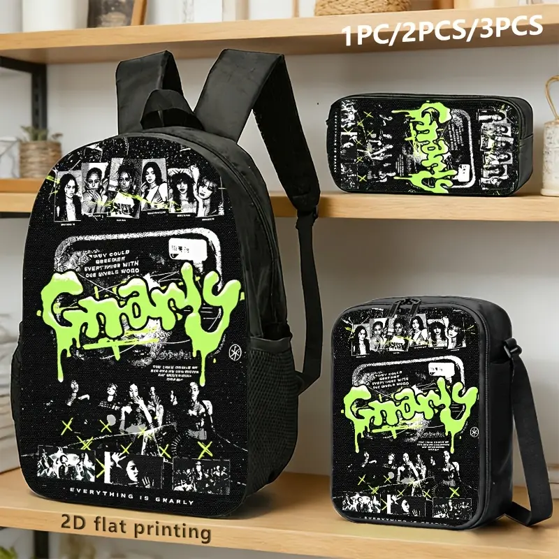 Durable Water Resistant 3-Piece Backpack Set for Teens, Edgy Grunge Style with Neon Green "Gnarly" Print, Lightweight School Bag with Lunch Box & Pencil Case, 600D Oxford Cloth, Fits 15-inch Laptop, Breathable Padded Straps, Streetwear Collage Design