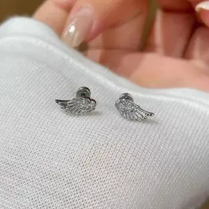 1pair Shiny Crystal Wing Stud Earrings for Women Silver Hypoallergenic Cross Ear Screw Back Piercing Cartilage Jewelry Gift