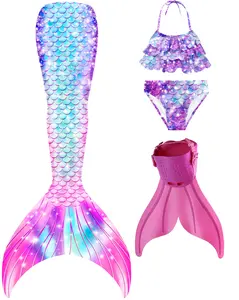 Girls 4‑Piece Sparkly Blue‑Pink Gradient Mermaid Tail Swimsuit Set with Monofin, Ruffled Halter Bikini Bathing Suit for Kids Summer Beach Pool Swimming