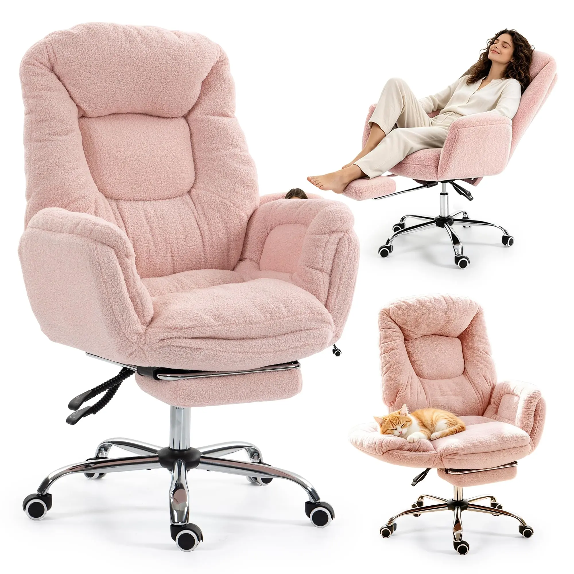 Garvee Ergonomic Cross-Legged Dining Chair – Adjustable High Back, Armrests & Footrest, Wheels – Big and Tall Executive Office Chair – Snowflake Fleece