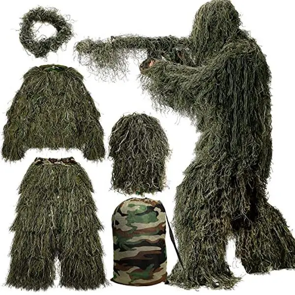 3D Ghillie Suit 5-Piece Hunting Camouflage Set - Jacket, Pants, Hood, Carrying Bag for Photography, Outdoor Games