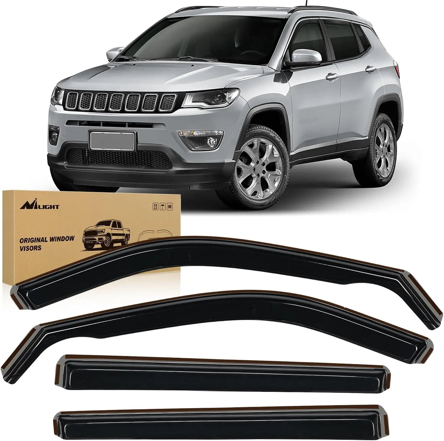 Nilight 4-Piece In-Channel Vent Window Visor Deflector, Self-Adhesive Double Fixation Rainproof & Anti-Fog Shatterproof Tool-Free Original Fit Guards for Jeep Compass 2017-2024, Car Exterior Ventilation Accessory, 4 Pcs Rain Guards