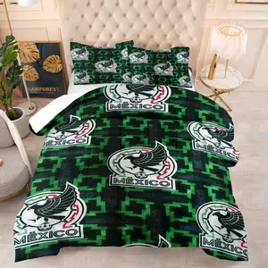 Mexico National Soccer Team Emblem Printed Comforter Set,Themed Bedding,Including 1 Quilt and 1 or 2 Pillowcases without Pillows,Suitable as a Gift for Football Fans,Soft and Warm Bedroom Decoration for Boys,Teenagers and Adults