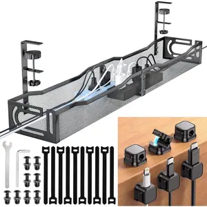 Management Under Desk, 25.3'' No Drill Desk  Management Tray with Clamp, Metal Cord Organizer for Standing Desk,  Wire Management for  Office & Gaming Setup, Black