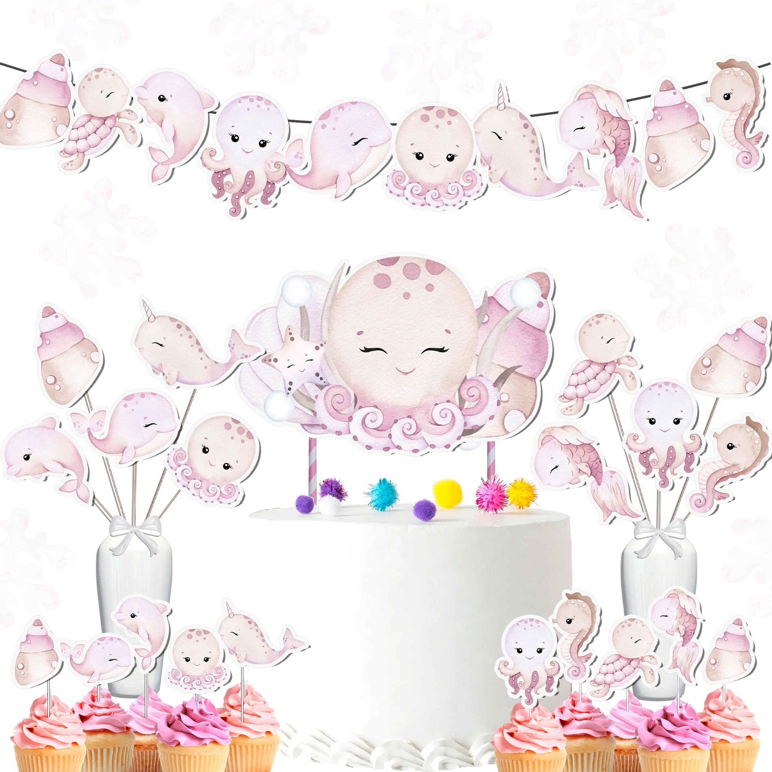 Pink Under the Sea Party Decor Set - Whimsical Cake Topper, Cupcake Toppers, Centerpieces & Banner for Baby Showers and Birthdays