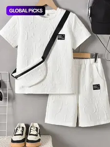 Three-piece Set Boy's Letter Pattern Co-ord Set, Casual Short Sleeve T-shirt & Shorts & Crossbody Bag, Summer Clothes for Kids, Clothing Sets