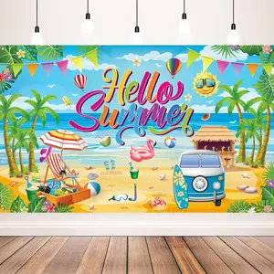 Hello Summer Tropical Beach Banner, Colorful Summer Beach Backdrop with Surf Van, Flamingo & Palm Trees, Ideal for Hawaiian Luau, Pool Parties, BBQs, Vacation Themed Summer Events