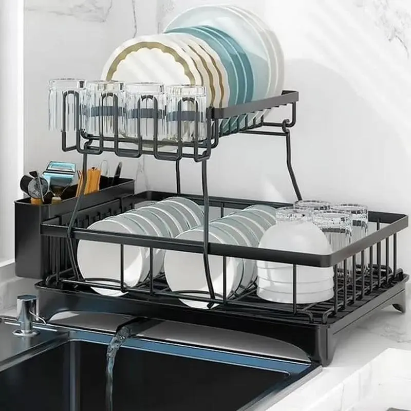 PHANCIR 2-Tier Stainless Steel Dish Drying Rack, Kitchen Sink Organizer with Cutlery Holder, Space-Saver Sink Accessories for Home, Black Utensil Rack