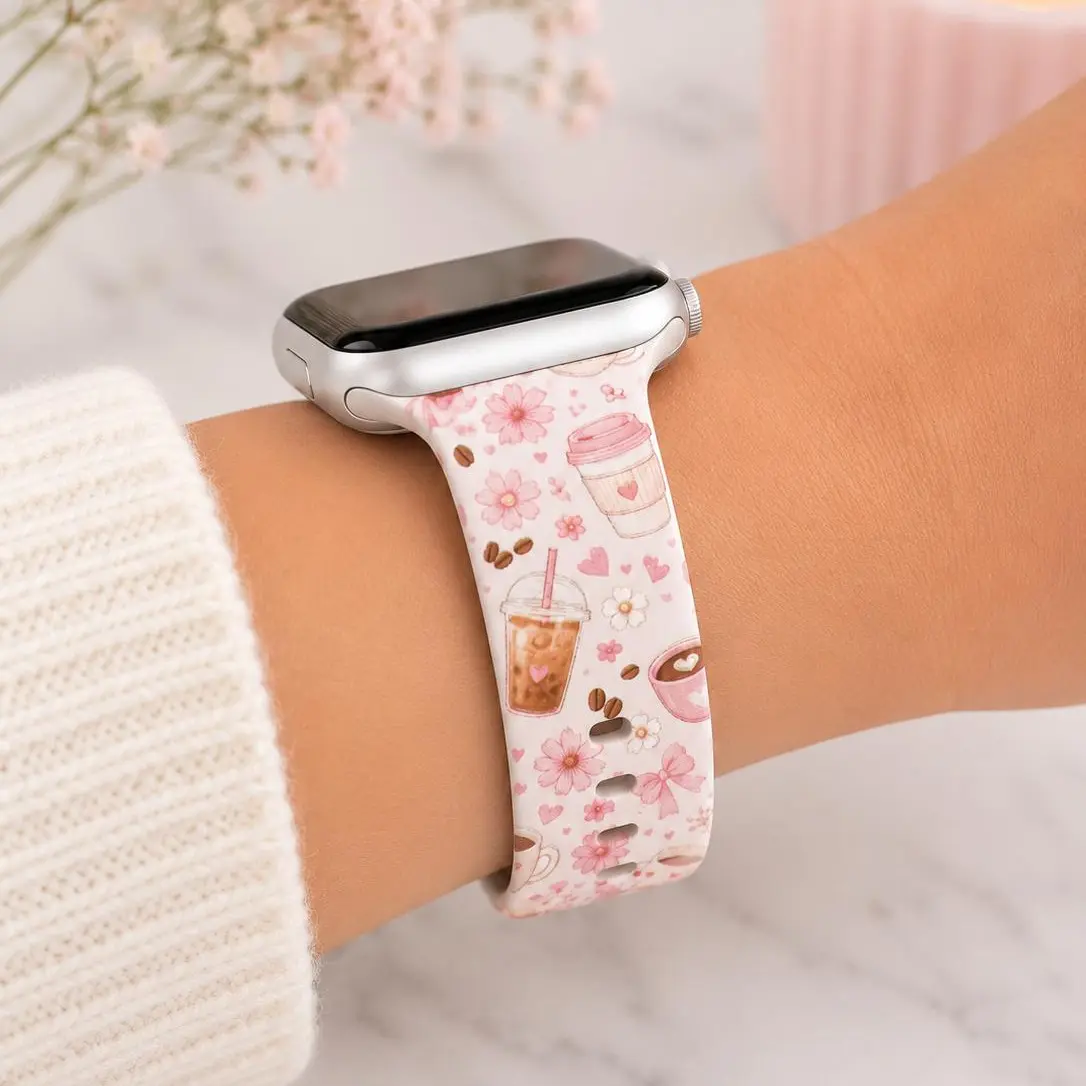 Pink Coffee Lover Watch Band | Cute Coquette Floral Watch Strap | Girly Coffee Band