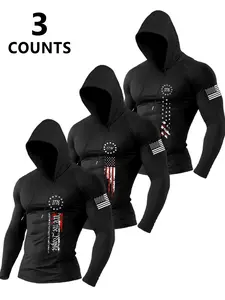 Men's Hooded Knit Long Sleeve T-Shirt Set, Casual Fashion, Flag Letter Print, Soft Comfortable Fabric, Perfect Gift for Him