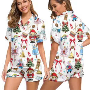Nutcracker Christmas Pajama Set for Women – Festive Ballet Print, Soft Satin Short Sleeve & Shorts
