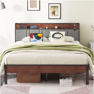 Queen Bed Frame, Platform Bed Full/ Queen Size with Charging Station and Storage Upholstered Headboard, Gray