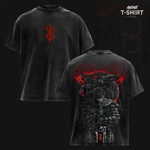 Guts Berserk Anime Merch T-Shirt, Acid Wash Oversized Graphic, Heavyweight Cotton Streetwear, Unisex Relaxed Fit, Dark Fantasy Back Print, Gift for Anime Lovers