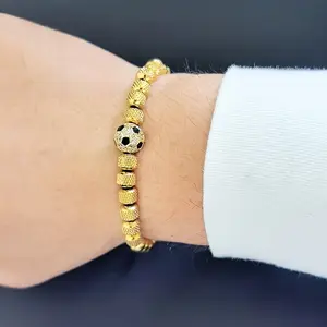 1pc Stainless Steel Beads Royal Golden-Tone Football Charm Bracelet for Men - Adjustable Beaded Chain with Soccer Ball Pendant, Durable Casual  Gift for Christmas, Valentine’s Day, Mardi Gras & Year-Round Wear, Sports Fan Accessory, Sporty Design, shiny