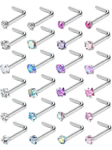 24Pcs 20G Silver Nose Studs Surgical Steel Nose Piercing Jewellery Hypoallergenic Colorful CZ Opal Small Nose Stud Stuf I Shaped/L Shaped Nose Stud Screw Nose Piercing Stud for Women Girls