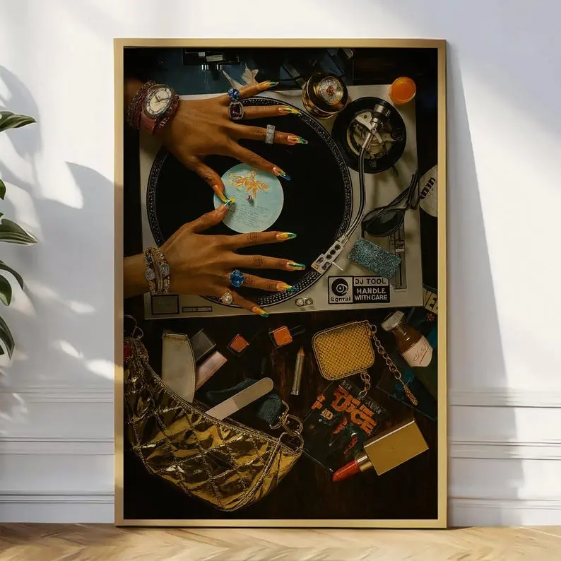 [Sale Up To 50%][No frame, Free Ship] Vinyl Record Music Wall Art, Black Woman DJ Art Painting, Turntable Poster Printable, Hip Hop Music Decor, Hypebeast Print