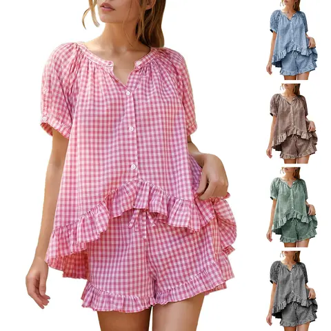 TanmingModa Womens Gingham Pajamas Set 2 Piece Cotton Pj Lounge Sets Vacation Casual Summer Babydoll Sleepwear Outfits