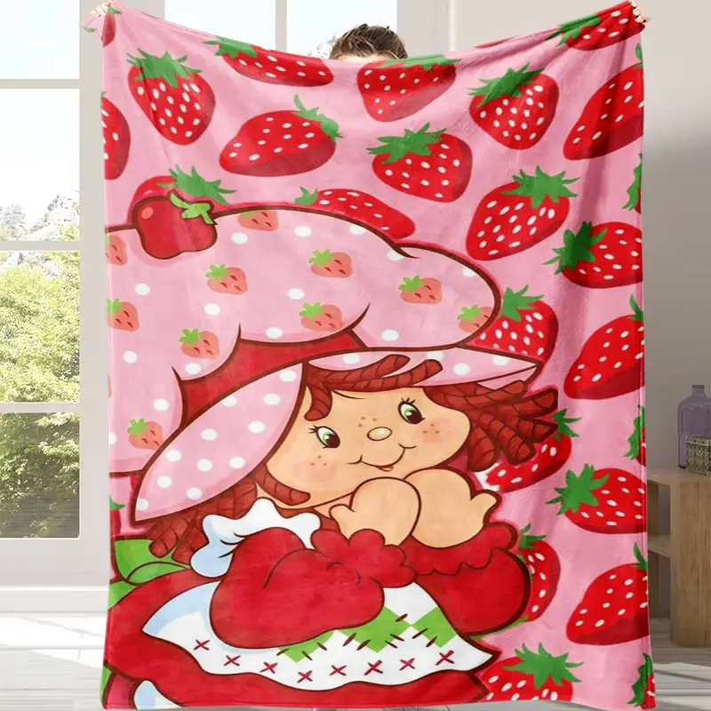 Soft Flannel Plush Throw Blanket - Coquette Cottagecore Strawberry Shortcake Retro Pink Cartoon Design, Warm Bed Blanket, Nostalgic Gift for Young Girls, Room & House Decor Item with Plush Texture