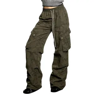 Bakyarder Y2K Camo Wide Leg Cargo Pants Baggy Streetwear Long Trousers with Utility Flap Pockets