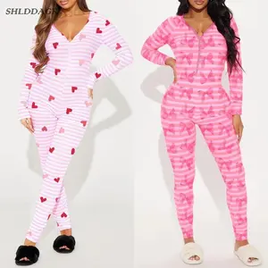 Women's Cute Heart/Bow Print Zippered Jumpsuit for Valentine's Day | Pink Pajama Set