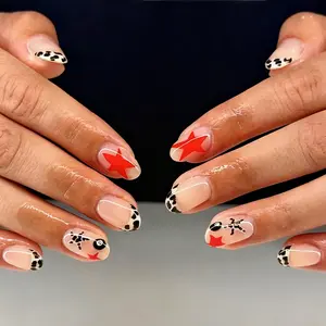 24pcs Short Oval Leopard Print Star French Nails, Acrylic Press-On False Nails, Includes Jelly Glue and Nail File, Perfect for Parties, Fake Nails