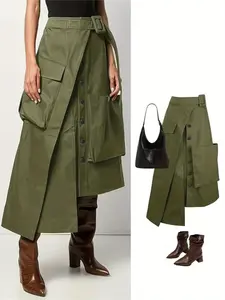 Women's Fall Winter 2026 Fashion Solid Color Unique Large Pocket Design Waist Belt Button Casual Street Style Workwear Skirt, Womenswear