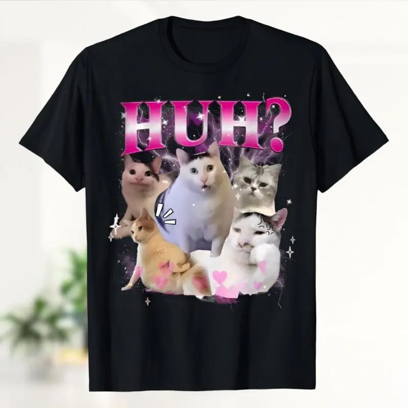 Men's Cotton Baggy Seamless Casual T-Shirt - Funny Huh Internet Cat Meme Joke Bootleg Top
