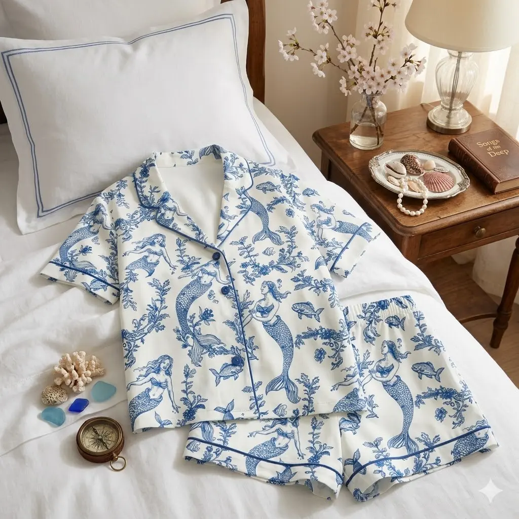 Mermaid Pajama Set, Blue Toile de Jouy Sleepwear, Unique Birthday Gift for Her, Coastal Aesthetic PJs, Blue Toile de Jouy Mermaid Sleepwear, Elegant Coastal Pajama Set, Unique Birthday Gift for Women