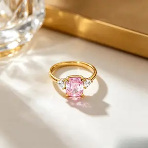 Created Ruby Statement Ring, 18k Golden Plated Cushion Cut Red stone Ring with Teardrop CZ Side Stones, Elegant Daily & Engagement Jewelry Gift for Women