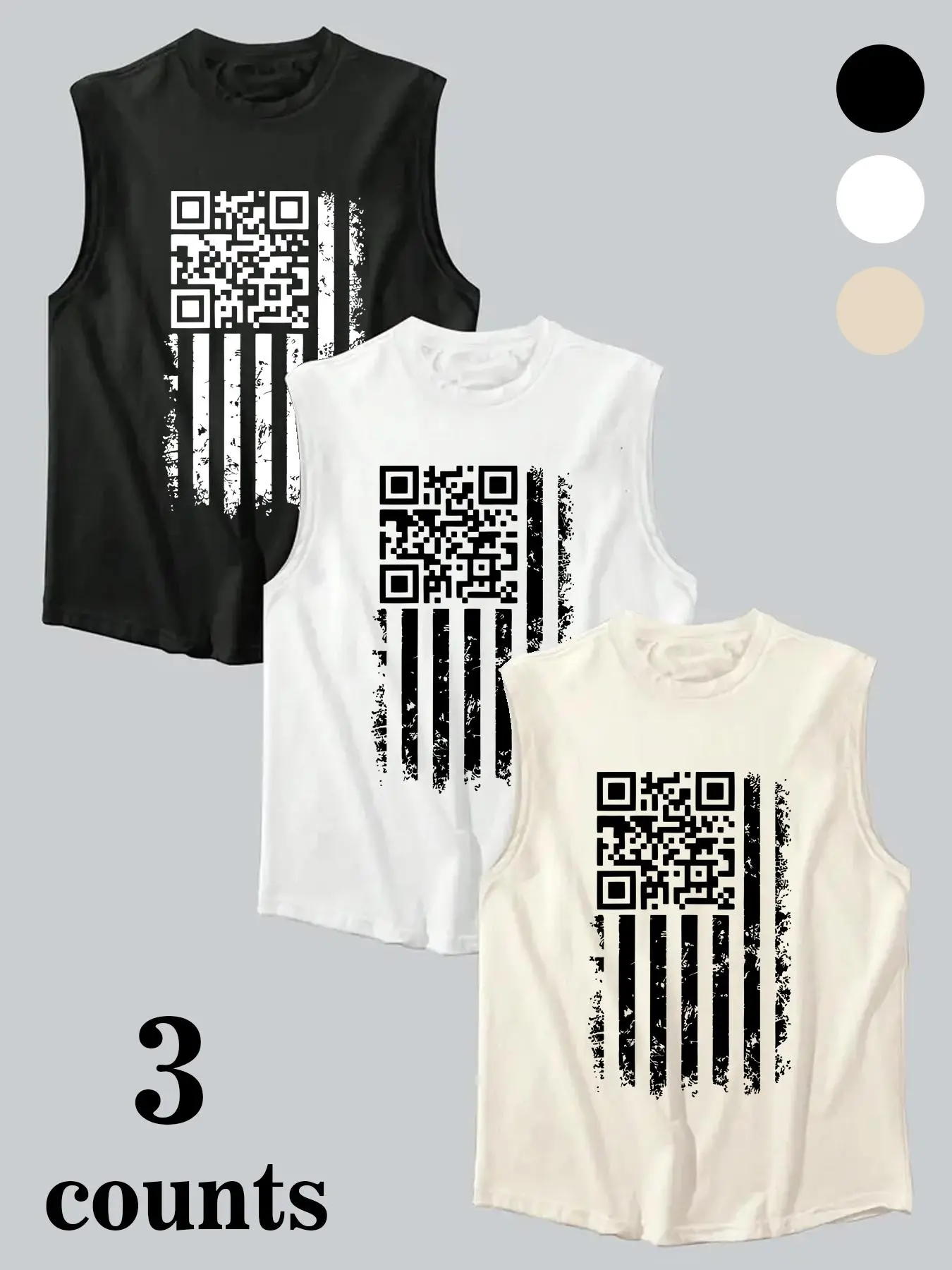 Trendy Sleeveless Three-Piece Tank Top Set with Unique Qr Code and Flag Print, Soft Comfortable Breathable Fabric for Gym and Casual Wear