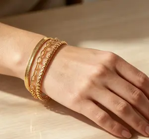 ✨   Luxury Stacked Gold Bracelets Set |   Cuban, Figaro & Herringbone Chains |   Elegant Women’s Jewelry