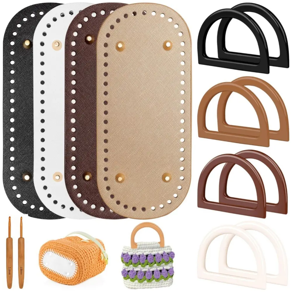 4+8 PCS Bag Bases with Purse Handles PU Leather Crochet Bag Base Oval Bag Bottom Purse Making Supplies for DIY Crochet Bag