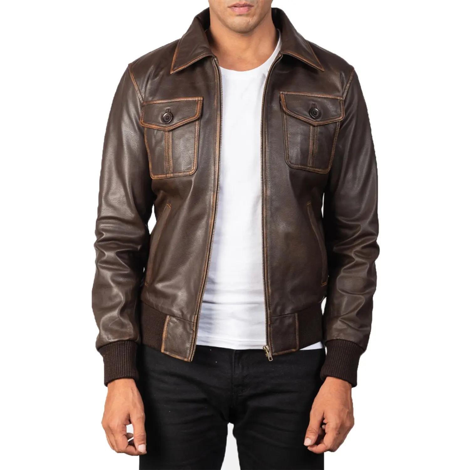 MotorCycleJackets Men's Four Pockets Brown Bomber Leather Jacket
