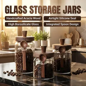 3-Piece Rustic Glass Coffee Jar Set with Wooden Lids & Utensils - Airtight Food Containers for Coffee Beans, Tea, Sugar - Farmhouse Kitchen Decor, Adjustable Acrylic Straw Holder, Airplane Bottles, Double Insulated Retro Mug, Wall Organiser Pouches