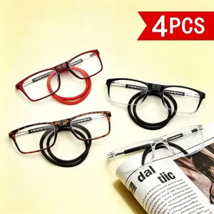 4 pairs, unisex, full-frame magnetic eyeglass frames, blue light blocking, foldable clip-on/neck strap to prevent loss, adjustable temples, portable stylish reading glasses suitable for computer use, Father’s Day gift, modern eyewear