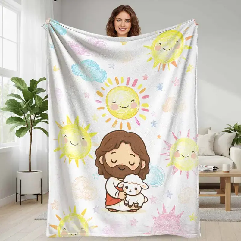 Cute Jesus and Lamb Flannel Blanket Cartoon Sunshine Cloud Star Print Soft Warm Cozy Lightweight Throw Blanket Perfect for Sofa Bedroom Living Room Church Gift for Family Friends and Home Decoration Use