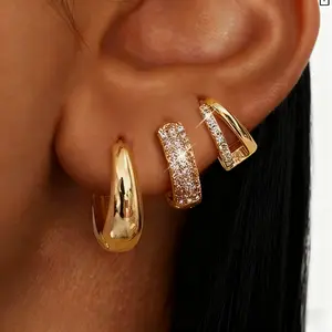 Non Tarnish Hypoallergenic Huggie Hoops 3Pairs - 14K Gold Plated Small Chunky Earrings for Sensitive Ears Women