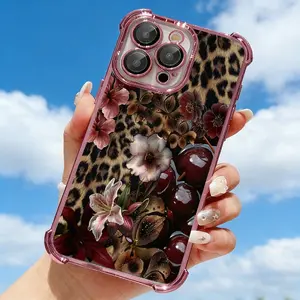 A leopard print cherry blossom phone case, featuring corner drop protection, a transparent soft anti-slip design, and camera protection. Made of durable silicone, it is compatible with iPhone 17/16/15/14/13/12/11. It's the perfect holiday gift for friends