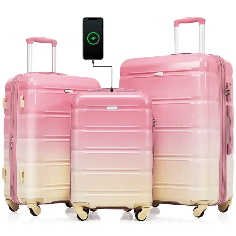 3-Piece Set 20-Inch  Hardside   with USB Port Airline Certified Carry-on ABS+PC Hard Shell Pink and Teal Green for Personal Travel Suitcase Set Black Sea Blue   Set Hardshell  Set Expandable Lock   Spinner Luggage with USB Charging Port