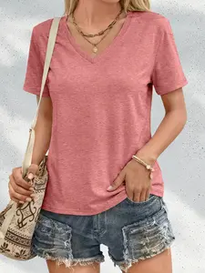 Colorful Cotton V-Neck Short Sleeve T-Shirt, Basic Casual Fitted Top for All Seasons, Solid Pattern, Comfortable Daily Wear, Summer, Everyday, Streetwear, Casual Everyday Tops