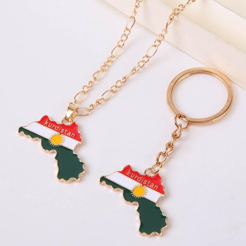 Kurdistan Map Charm Necklace Flag Pendant Clavicle Chain Ethnic Long Choker Jewelry Friendship Keychain for Women Men
