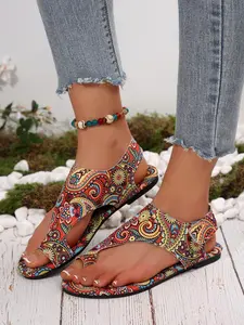 Women's Fashionable Boho Style Paisley Pattern Slide Sandals, Casual Comfortable Flat Sandals for Summer, Female All-match Toe Thong Sandals for Daily Wear, Walking Shoes